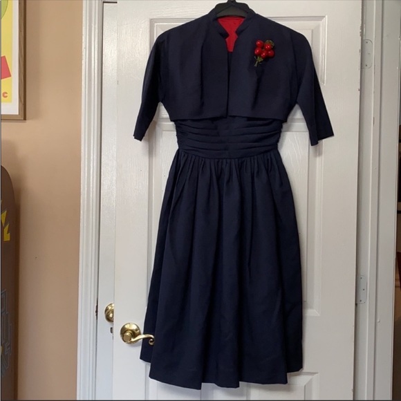 Vintage Dresses & Skirts - 2pc 1950s Pinup Fit & Flare Navy Dress Bolero Berries Brooch